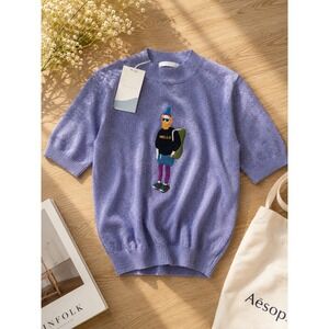 Namugrim Purple Metallic Knit Short Sleeve Sweater Hello Character Mock Neck NEW